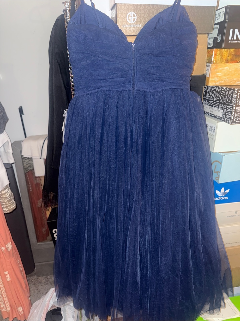 Giani Bernini Navy Blue Tulle Midi Dress with Spaghetti Straps - Picture 4 of 5